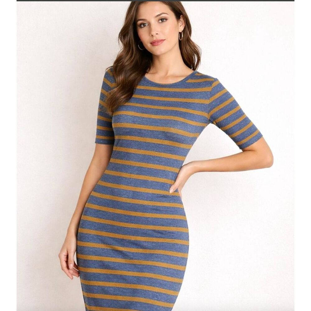 NWT Lularoe blue and mustard-yellow striped Julia dress. Size XXS